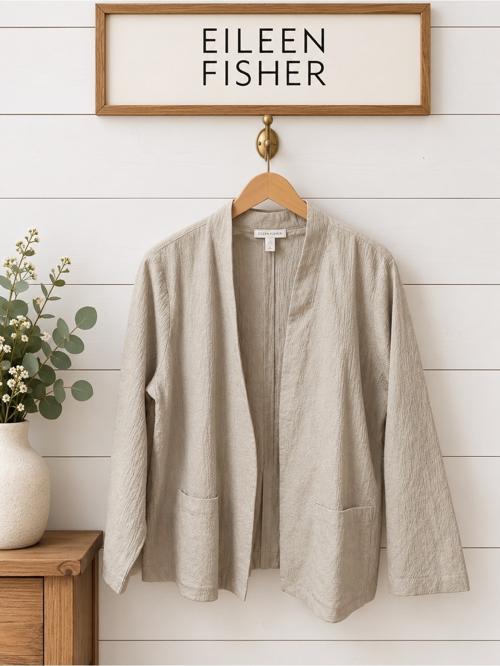 EILEEN FISHER Greige Textured Organic Cotton Open Front Cardigan XL